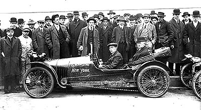 Chicago to New York Auto Race, circa 1913.  While information about this event is elusive, the back of the print includes some handwritten notes about the vehicle depicted. It is a 1913 Imp Cyclecar with two cylinders, 10 to 12 horsepower, and a maximum speed of 50 miles per hour. It sold new for $375.  Cyclecars -- simple, economical vehicles that worked on the same principles as a bicycle -- were relatively new in 1913, and a New York-based cyclecar club was established in December of that year.  Chicago to New York Auto Race, circa 1913.  The Byron Collection, 93.1.1.496.  The Museum of the City of New York.