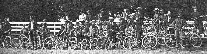 A gathering of a bicycle club in the late 1800s, from page 39 of Early History of Independence, Oregon by Sidney W. Newton.  Published in 1971 by Panther Printing Co. of Salem, Oregon.