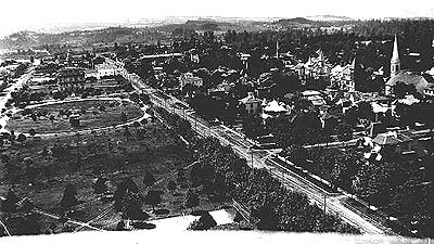 A photograph of Willson park taken from the capitol dome, looking west. The Marion County Courthouse, a quarter-mile bicycle racing track, and several fine residences show prominently. The racing track marks the site where the U.S. Post Office, now the Oregon Executive Department building, was to be constructed in 1903. Salem City Hall, at Chemeketa and High Streets, is under construction in the center background.

http://www.open.org/~library/historic/eb58a02b.html
RECORD NO.~MJON0039.  PHOTO SOURCE~Marion County Historical Society.
DATE ~c. 1896