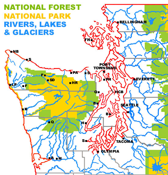 Olympic Peninsula + Counties, Rivers, Glaciers, ONP and ONF