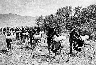 On June 14, 1897, Lt. James Moss led his bicycle corps of the 25th Infantry from Fort Missoula, Montana, 1,900 miles up wagon trails and Indian paths and down rail lines to St. Louis, Missouri, arriving July 16, 1897.

Hyperlink to The Wheels of War by Jeanne Cannella Schmitzer from The History Net.