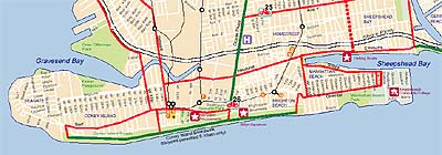 The Ocean Parkway bike path was widened and rebuilt several times after 10,000 cyclists jammed the opening celebration in 1895.  It is still in use today.  Bicycles are only permitted on the Coney Island Boardwalk from 5 a.m. until 10 a.m. daily.  Detail from New York City DOT Bicycle Map pdf.