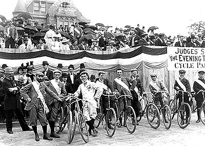 Bicycle parades were immensely popular at the turn of the century.  This June 6, 1896, event attracted hundreds of cycling fanatics, many in outlandish costumes, for the race up Broadway (or the Boulevard, as it was then known) from 65th Street to 108th Street, then on to Riverside Drive and around Grant's Tomb and the Claremont Inn.  The Byron Collection, 93.1.1.1501, The Museum of the City of New York.