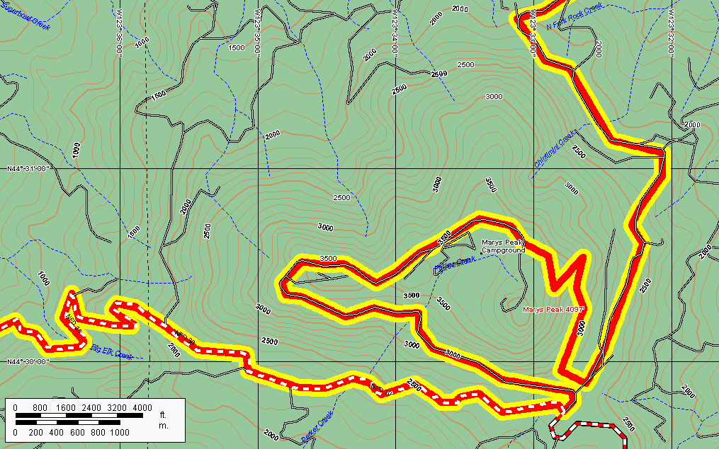 A Marys Peak Hill Climb is an option for c2seaTRAIL racers. Riders turn south onto Woods Creek Road (FS 2005) at mile 9.7 and continue 3.4 miles to the East Ridge Trailhead.  The East Ridge Trail climbs another 1,200 feet to the summit parking lot at 3,760 feet and the beginning of the four-mile-long descent of FS 3010 to County Road 30 and the 13-mile ride to Harlan.