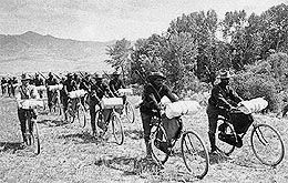 On June 14, 1897, Lt. James Moss led his bicycle corps of the 25th Infantry from Fort Missoula, Montana, 1,900 miles up wagon trails and Indian paths and down rail lines to St. Louis, Missouri, arriving July 16, 1897.

Hyperlink to The Bicycle & The West - 1897.