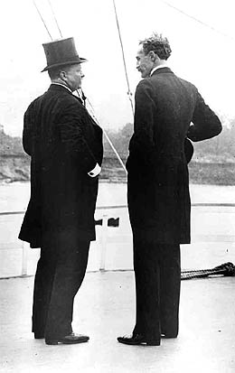 President Theodore Roosevelt and Gifford Pinchot, standing on deck of steamer Mississippi, during a tour of the Inland Waterways Commission in 1907.  Photo by U.S. Forest Service, Pinchot Collection.  REPRODUCTION NUMBER LC-USZ62-55630 DLC, DIGITAL ID (p) amrvp 3b03513.  Library of Congress.